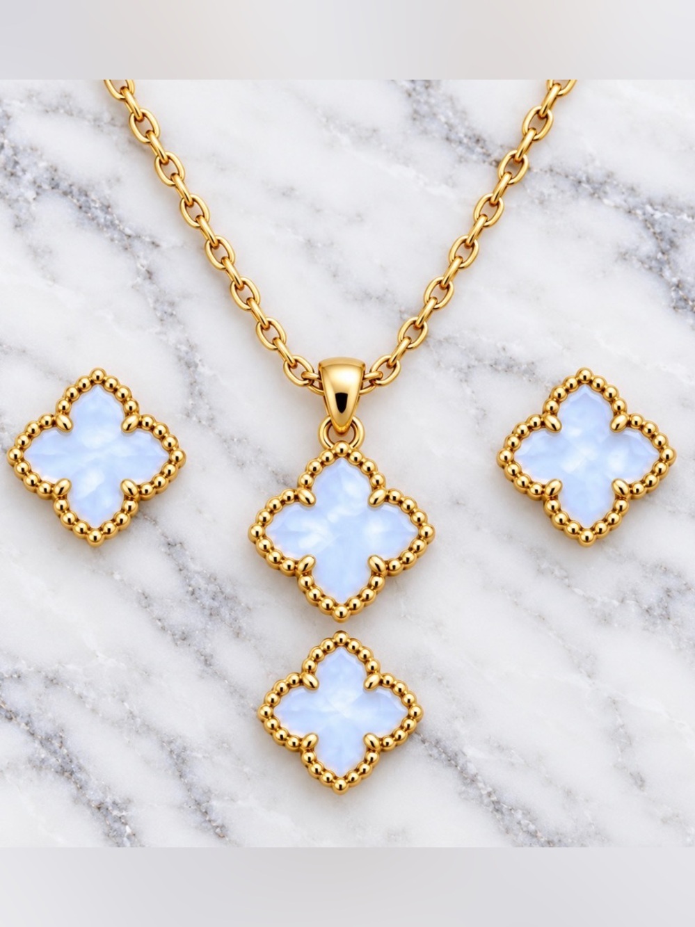 Gold Plated- White Enamel Clover Necklace, Stud Earrings and Adjustable Ring Set